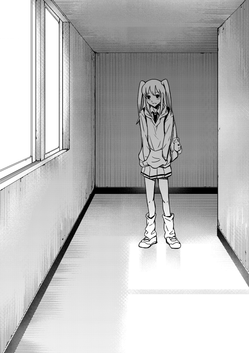 1girl, absurdres, backpack, bag, hands_in_pockets, highres, hood, hoodie