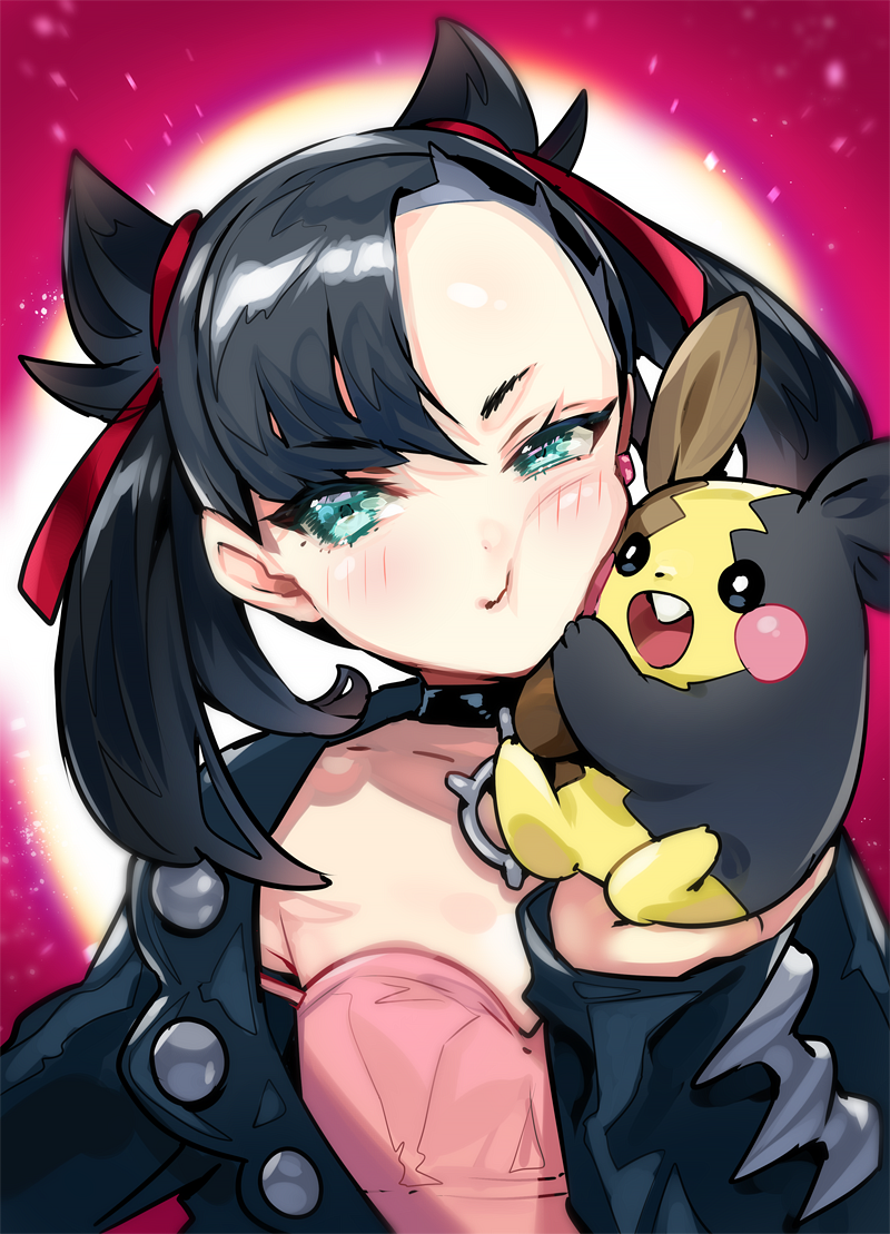 1girl, asymmetrical_bangs, bangs, black_choker, black_hair, black_jacket, blush, cheek_press