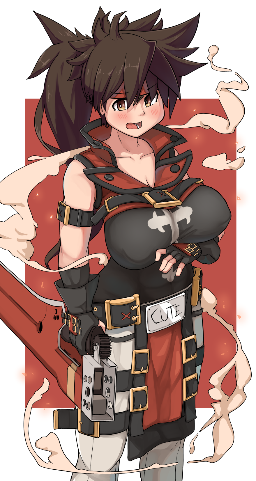 1girl, abs, ahoge, belt_buckle, black_gloves, blush, bodysuit_under_clothes, breasts