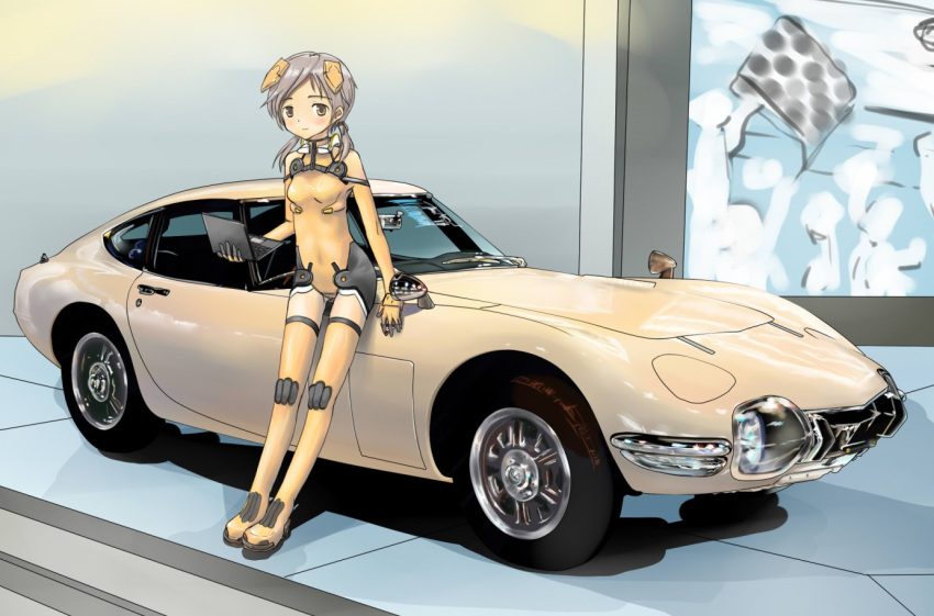 car, computer, elbow_gloves, gloves, laptop, motionslit, motor_vehicle, short_hair, sky_girls, sonomiya_karen, thigh-highs, thigh_boots, thighhighs, toyota, toyota_2000gt, twintails, vehicle
