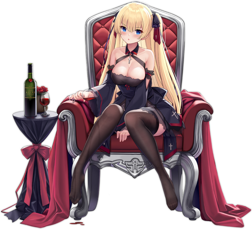 1girl, alcohol, allenes, alternate_costume, armchair, azur_lane, bangs, bare_shoulders