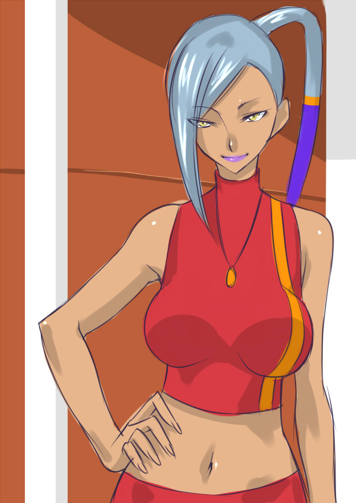 dark_skin, grey_hair, lipstick, long_hair, midriff, silver_hair, sleeveless, smile