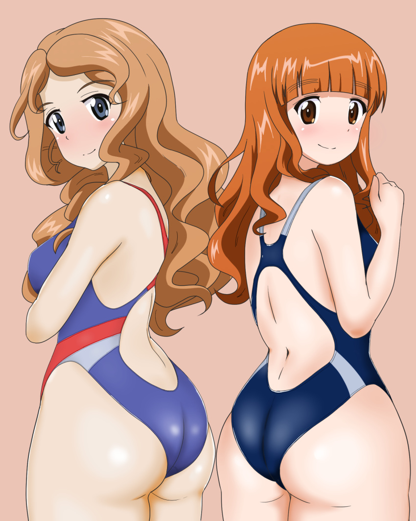 2girls, ass, back, backless_swimsuit, bangs, black_swimsuit, blue_eyes, blue_swimsuit