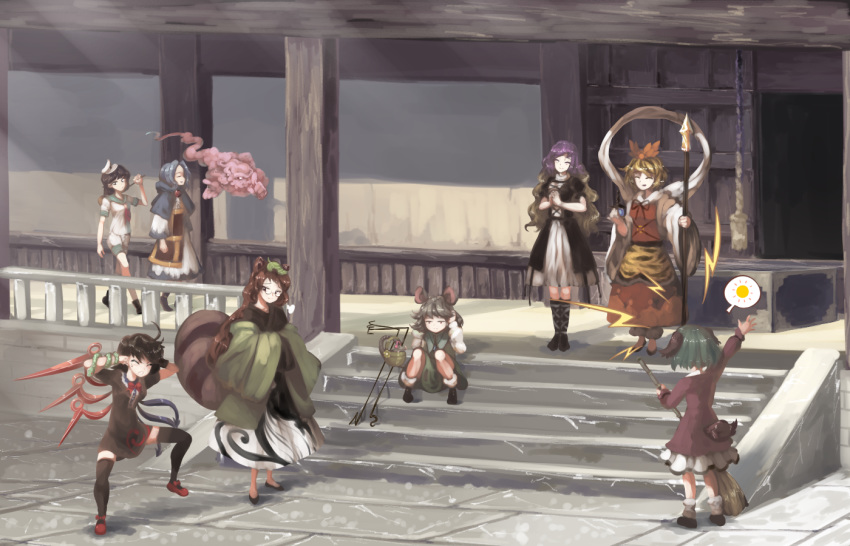 1boy, 6+girls, =3, animal_ears, animal_print, architecture, arm_up, asymmetrical_wings