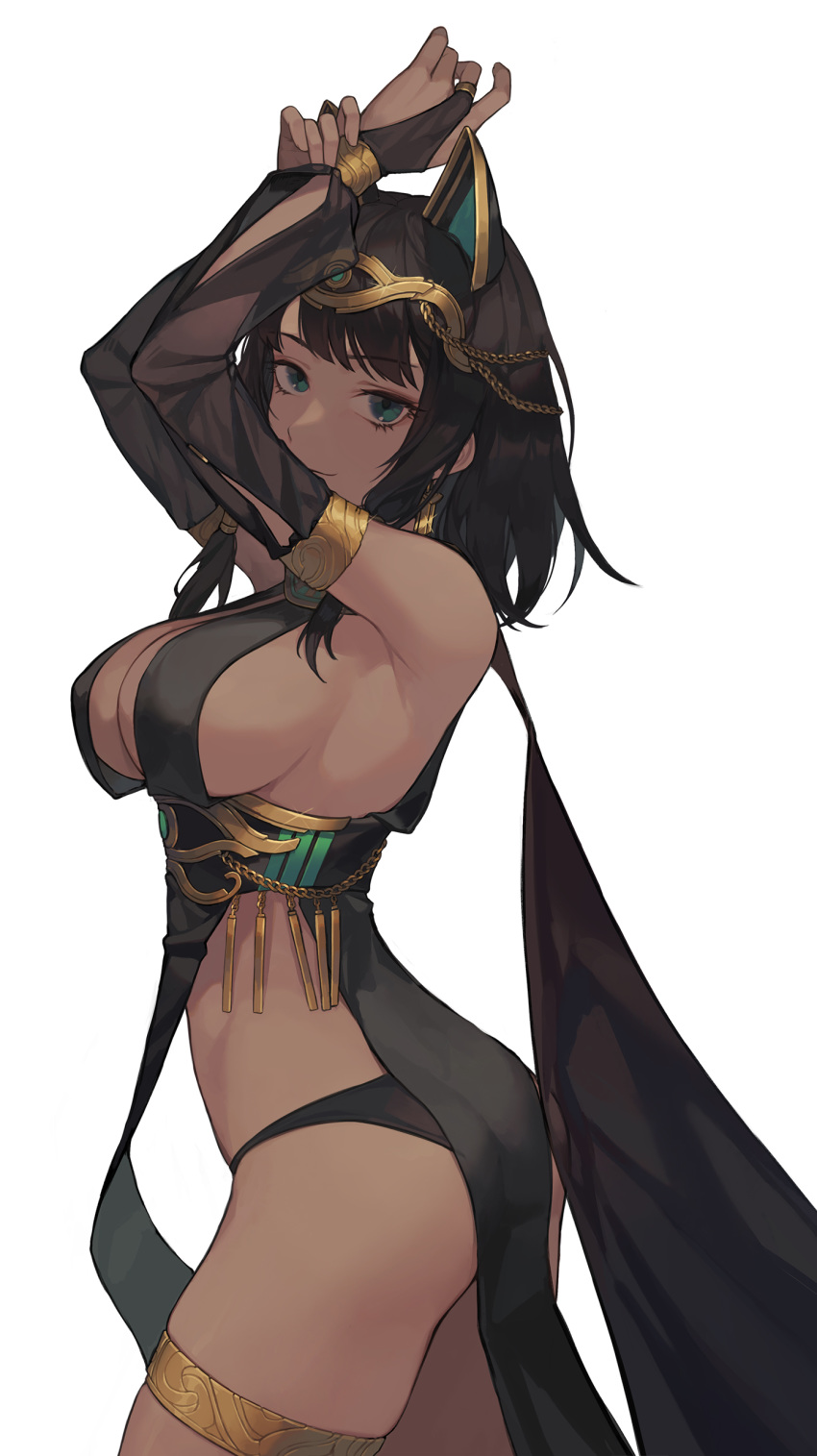 1girl, absurdres, arms_up, black_hair, black_panties, breasts, closed_mouth, dark_skin