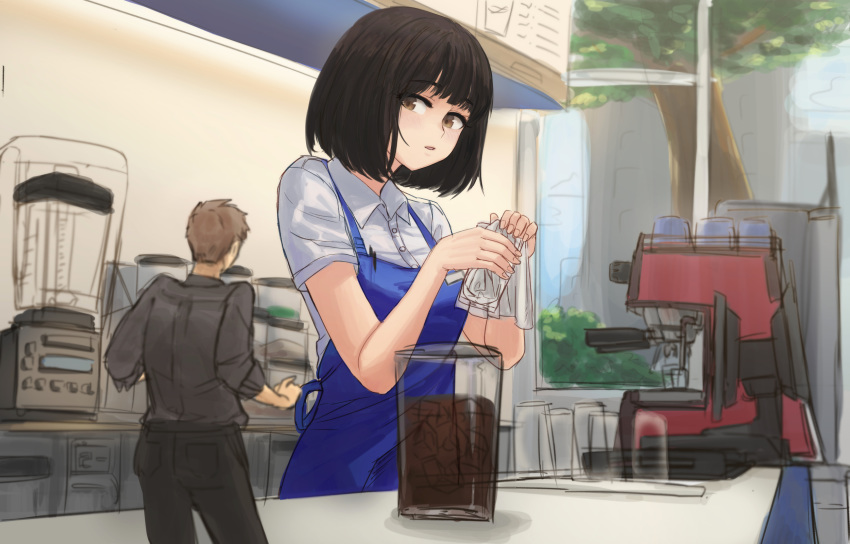 1boy, 1girl, apron, barista, black_hair, black_pants, black_shirt, blue_apron