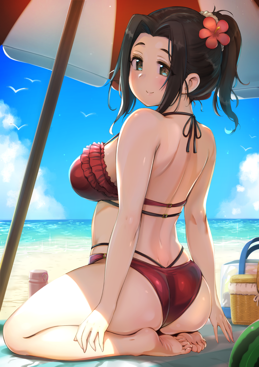 1girl, ass, back, bare_arms, bare_shoulders, barefoot, basket, beach
