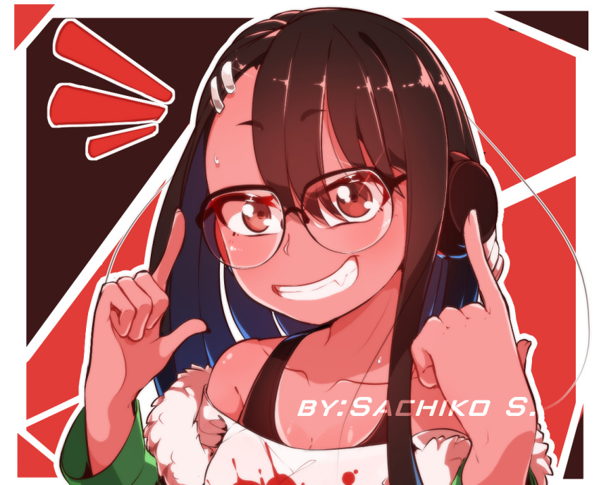 1girl, bespectacled, black-framed_eyewear, brown_eyes, collarbone, cosplay, fan, glasses, grin, hair_ornament, hairclip, headphones, ijiranaide_nagatoro-san, index_finger_raised, nagatoro_hayase, off-shoulder_shirt, off_shoulder, one-piece_tan, over-kneehighs, persona, persona_5, sachiko_shirayuki, sakura_futaba, sakura_futaba_(cosplay), shirt, short_eyebrows, smile, solo, tan, tanline, thigh-highs