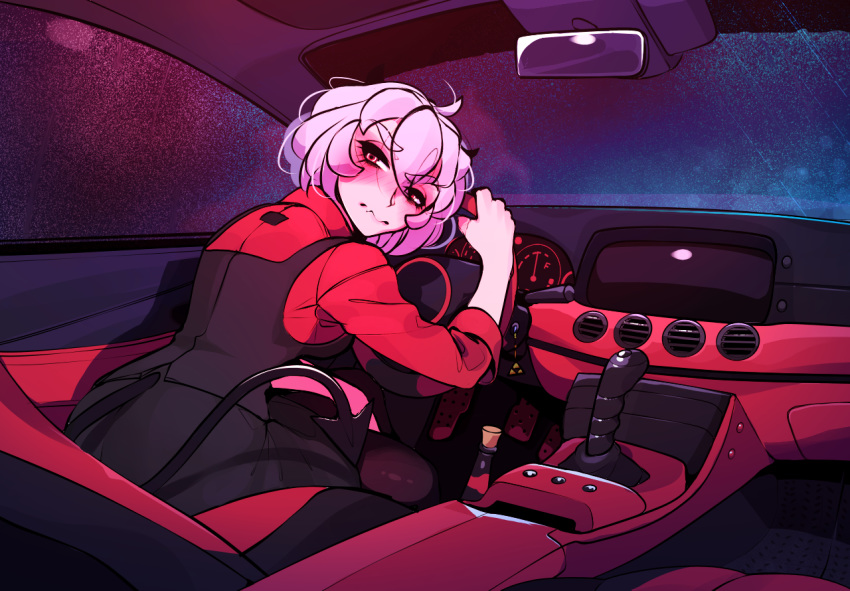1girl, black_horns, black_tail, black_vest, car_interior, demon_girl, demon_horns, demon_tail, dress, fang, helltaker, horns, leaning_forward, malina_(helltaker), messy_hair, pantyhose, pencil_skirt, red_shirt, sachiko_shirayuki, shirt, short_hair, sitting, skin_fang, skirt, solo, steering_wheel, tail, tail_through_clothes, vest, waistcoat, white_hair