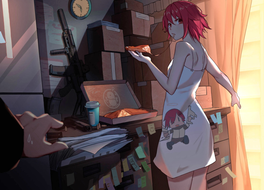 1girl, alternate_costume, apple_pie, arknights, blurry, box, breasts, cardboard_box