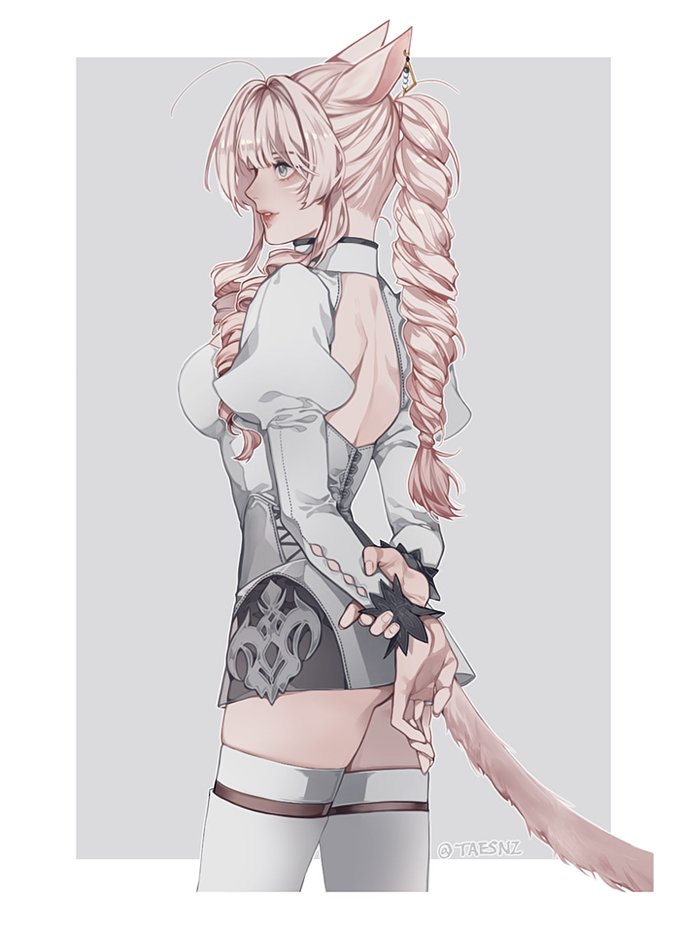 1girl, animal_ears, arms_behind_back, bangs, blonde_hair, blush, breasts, cat_ears, cat_tail, cowboy_shot, earrings, facing_away, final_fantasy, final_fantasy_xiv, jewelry, long_hair, medium_breasts, miqo'te, ponytail, profile, seth_(taesnz), simple_background, solo, tail, thigh-highs, two-tone_background