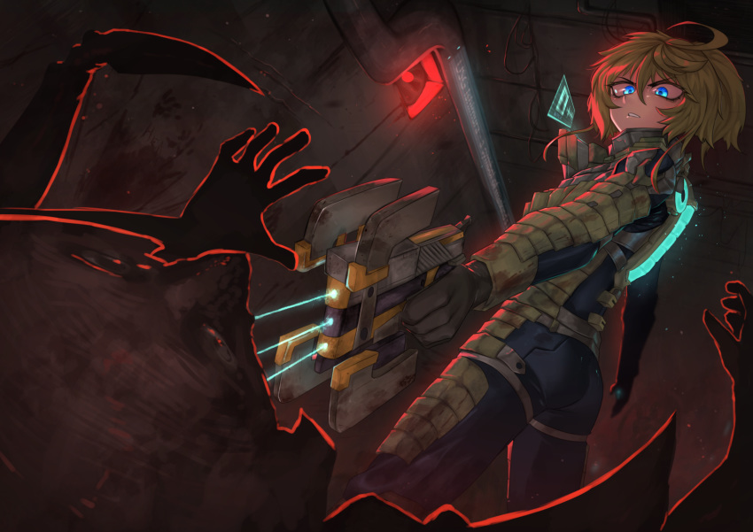 1girl, ahoge, aiming, ass, blonde_hair, blue_eyes, commentary, dead_space