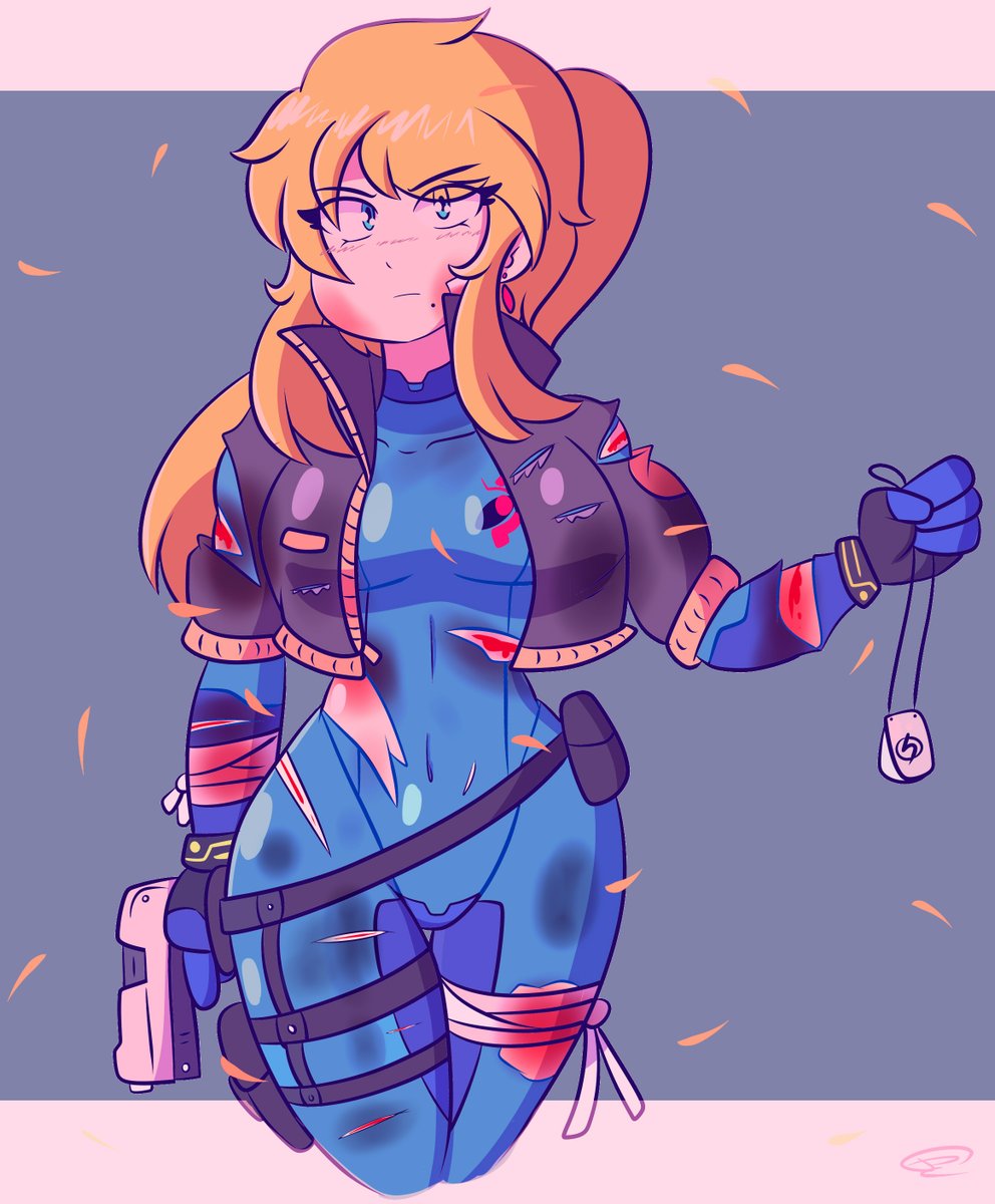 1girl, bandaged_arm, bandaged_leg, bandages, blonde_hair, blood, blue_bodysuit, blue_eyes