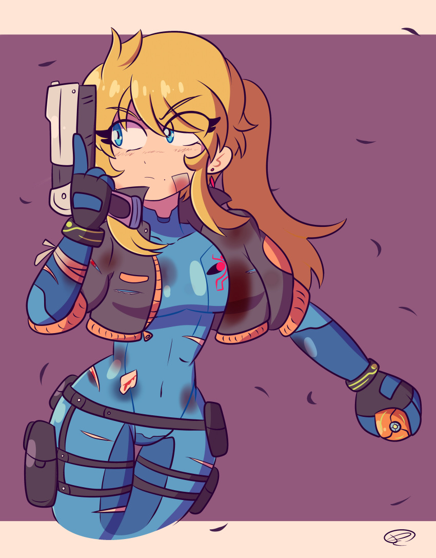 1girl, absurdres, bandaged_arm, bandages, blood, blue_bodysuit, blue_bow, bodysuit, bow, commentary, cropped_jacket, cuts, earrings, english_commentary, explosive, grenade, gun, handgun, highres, holding, holding_gun, holding_weapon, holster, injury, jewelry, long_hair, metroid, mole, mole_under_mouth, peachyboi, pistol, ponytail, samus_aran, sidelocks, solo, thigh_gap, thigh_holster, thigh_strap, torn_bodysuit, torn_clothes, trigger_discipline, weapon, zero_suit