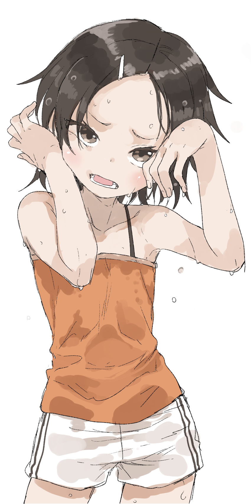 1girl, absurdres, bangs, bare_arms, bare_shoulders, black_hair, brown_camisole, brown_eyes