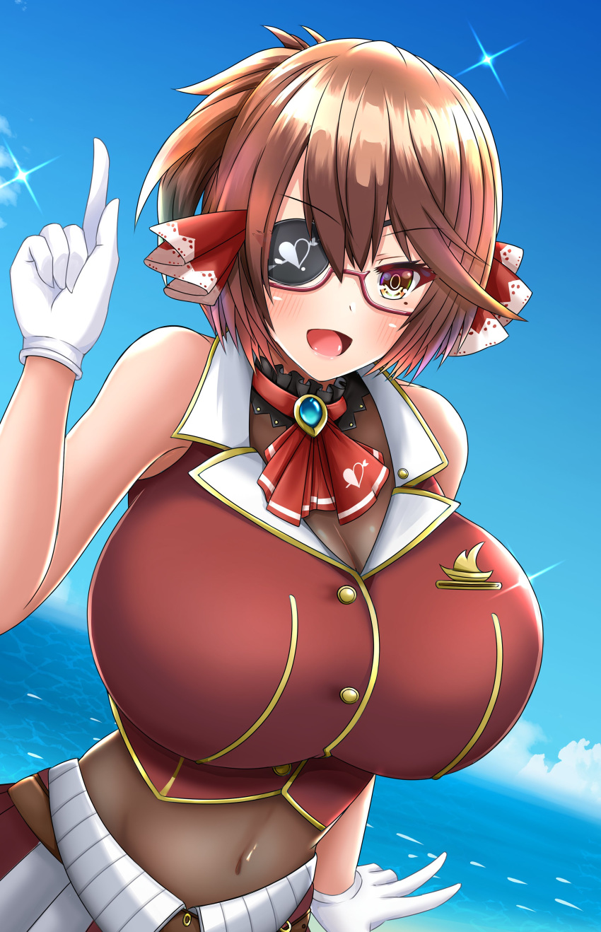 1girl, absurdres, adjusting_clothes, adjusting_hat, blue_sky, blush, breasts, brown_hair