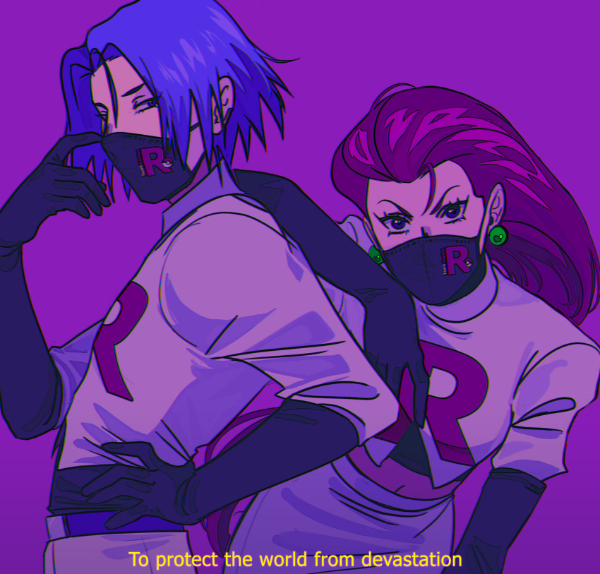 1boy, 1girl, bangs, black_gloves, breasts, commentary, coronavirus_pandemic, cowboy_shot