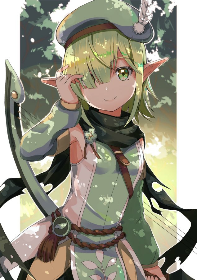1girl, akiyasu, aoi_(princess_connect!), bangs, bare_shoulders, beret, black_scarf, bow_(weapon)