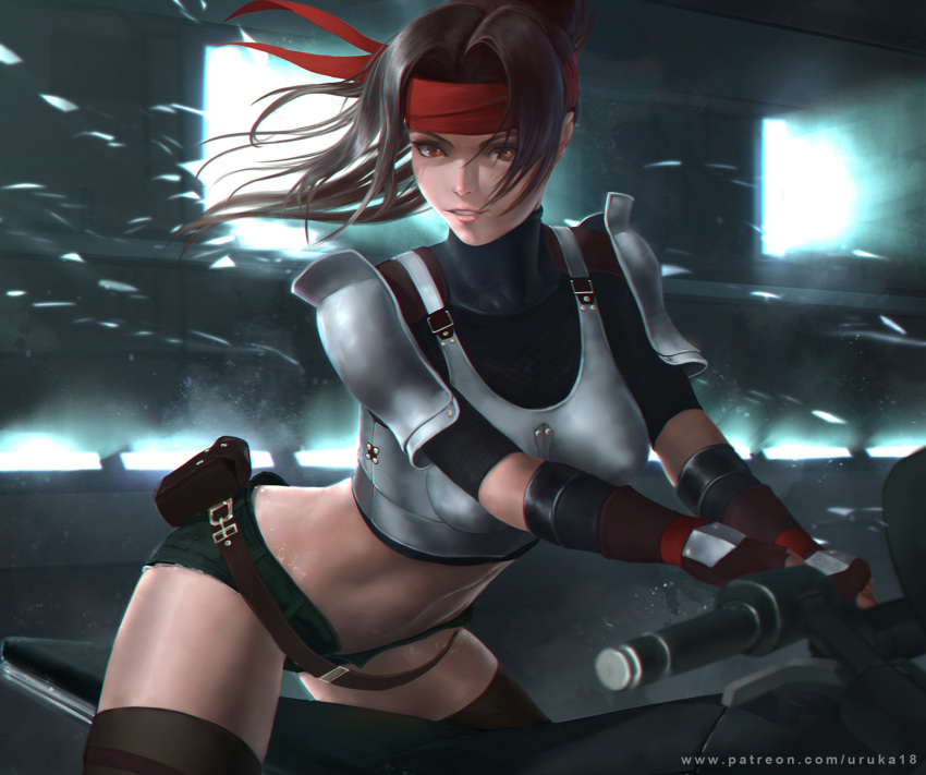 1girl, belt, belt_pouch, black_shorts, boobplate, breastplate, breasts, brown_legwear