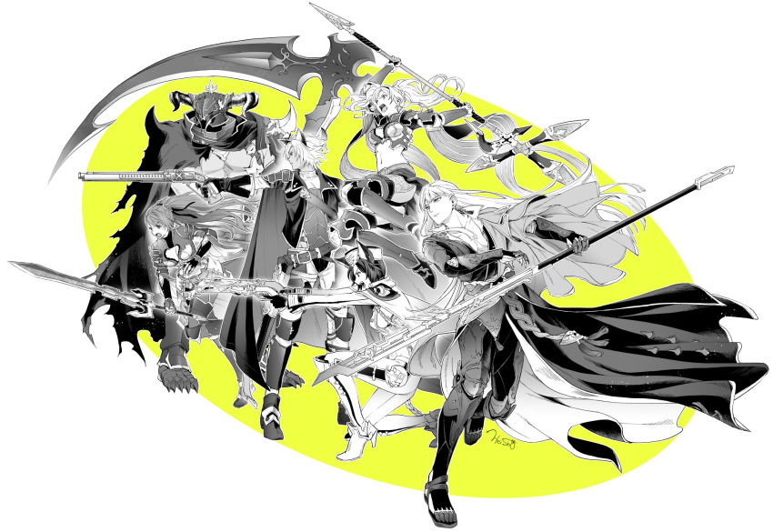 3boys, 3girls, aiming, animal_ears, beatrix_(granblue_fantasy), black_hair, cape, cassius_(granblue_fantasy)