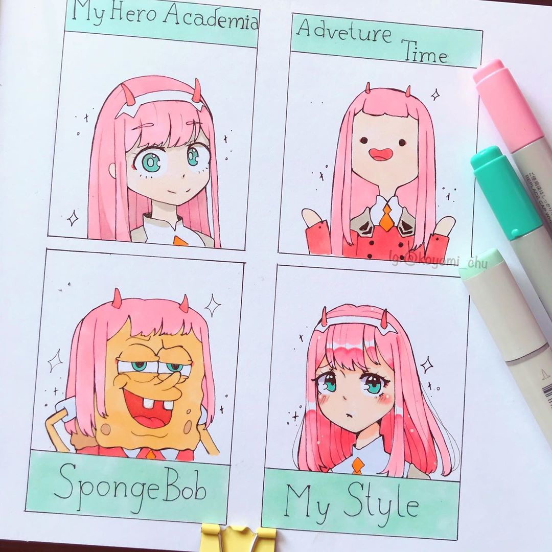 1girl, adventure_time, bangs, boku_no_hero_academia, darling_in_the_franxx, english_text, eyebrows_visible_through_hair, green_eyes, hairband, hands_up, horikoshi_kouhei_(style), horns, instagram_username, koyomi_chu, looking_at_viewer, marker_(medium), moe, multiple_views, oni_horns, open_mouth, orange_neckwear, parody, pendleton_ward_(style), photo, pink_hair, red_horns, smile, sparkle, spongebob_squarepants, spongebob_squarepants_(character), stephen_hillenburg_(style), style_parody, traditional_media, upper_body, white_hairband, zero_two_(darling_in_the_franxx)