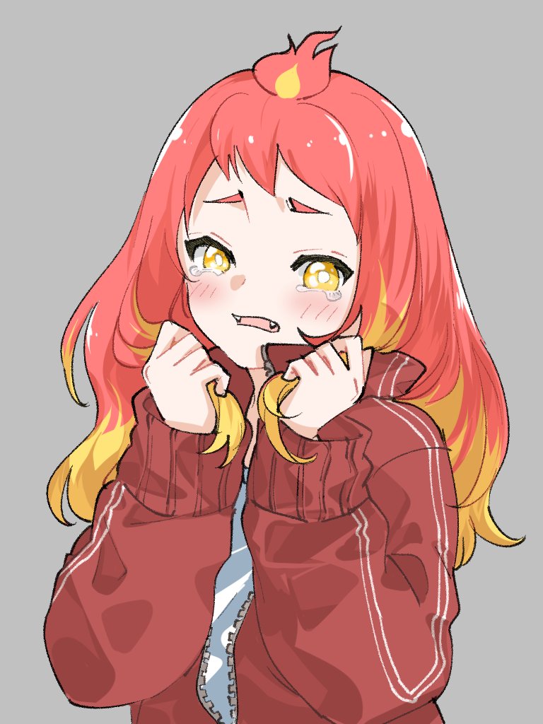 1girl, blonde_hair, blush, brown_jacket, commentary_request, fangs, forehead, grey_background