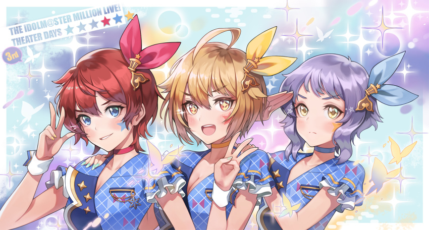 +_+, 3girls, aisle_(idolmaster), blue_bow, blue_eyes, blush, bow, bug