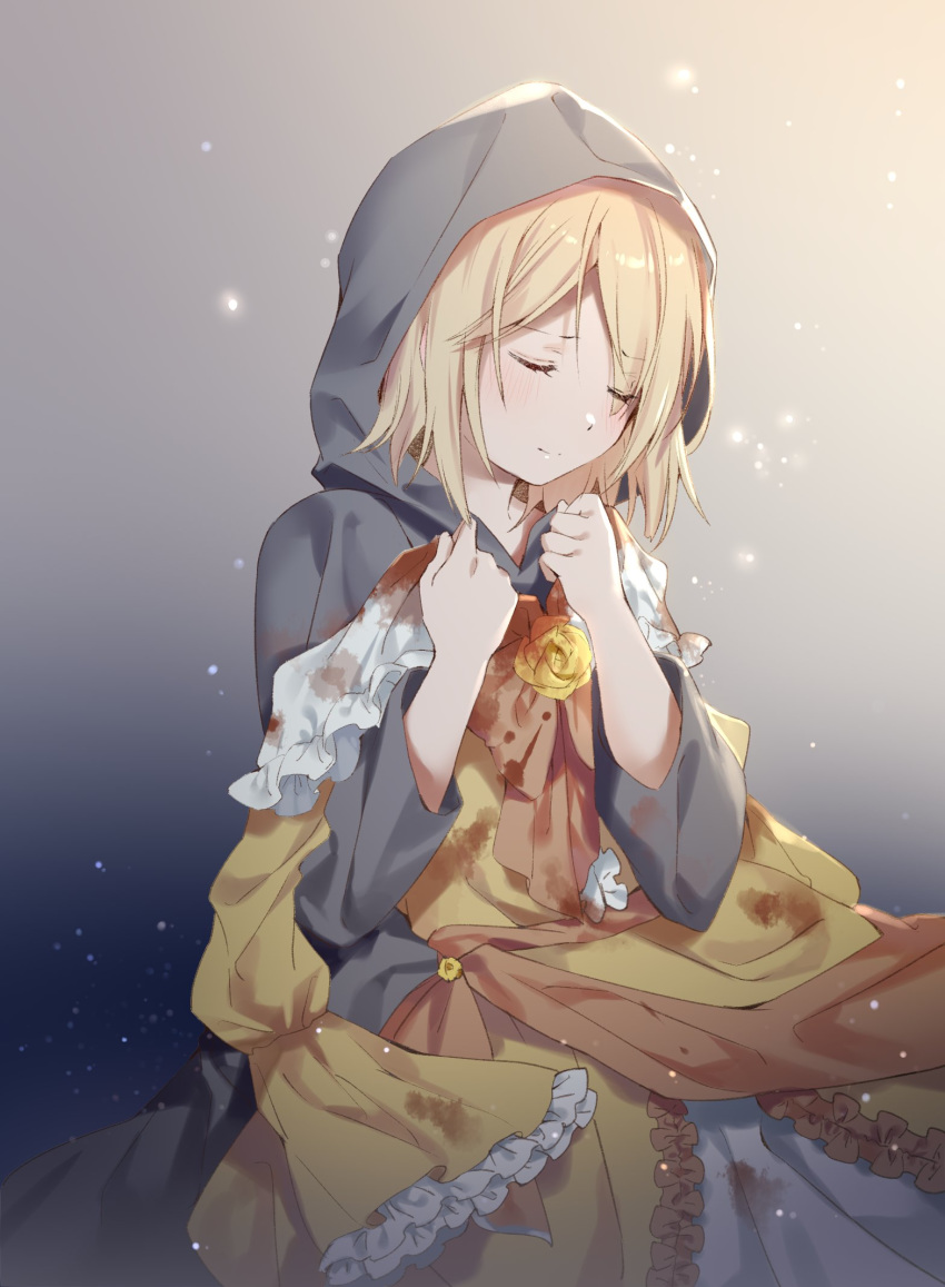 1girl, blonde_hair, blood, bloody_clothes, cloak, closed_eyes, dress, dress_flower