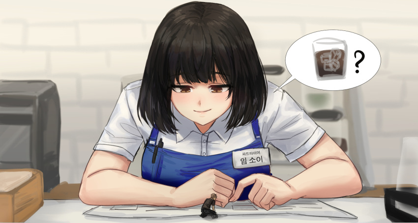 1boy, 1girl, apron, barista, black_hair, black_pants, black_shirt, blue_apron