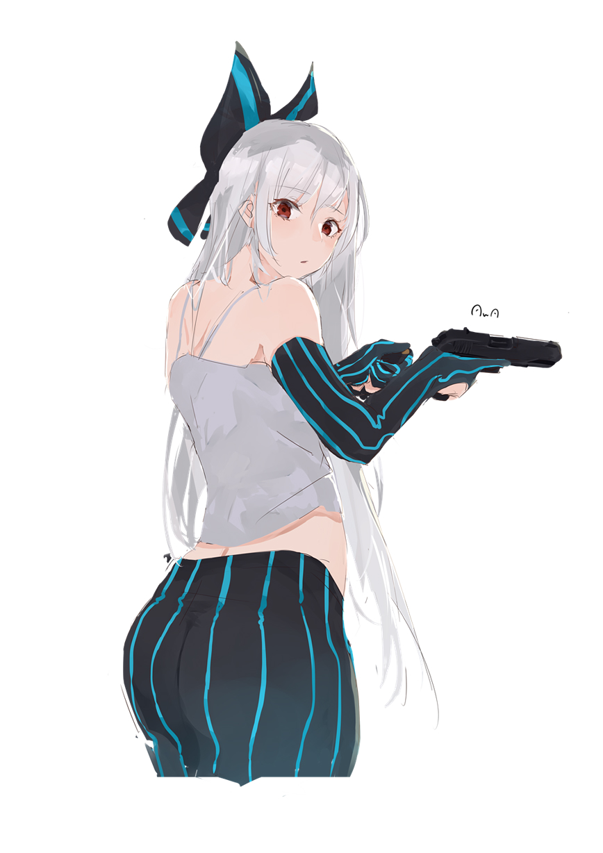 1girl, alternate_costume, ass, black_bow, black_legwear, blue_bow, blue_stripes, bow