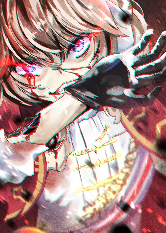 1girl, artificial_skin, biting, bleeding, blood, blue_eyes, bow, brocade