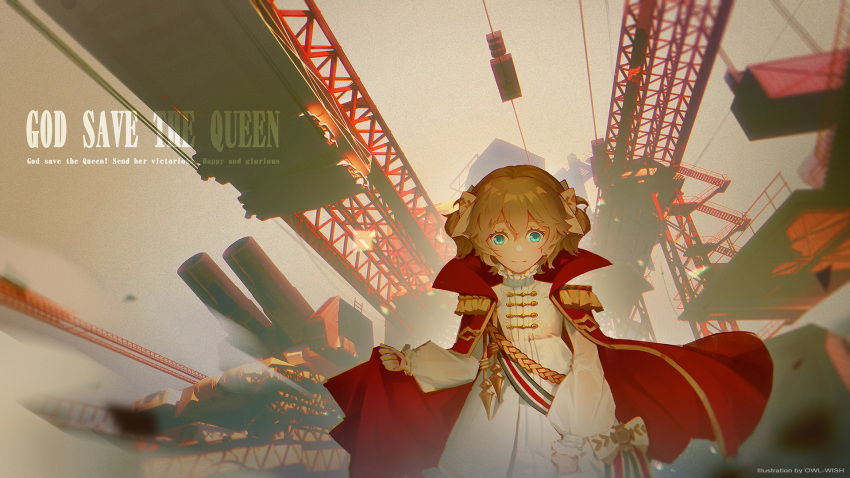 1girl, artist_name, blue_eyes, bow, brocade, brown_hair, cable, cape