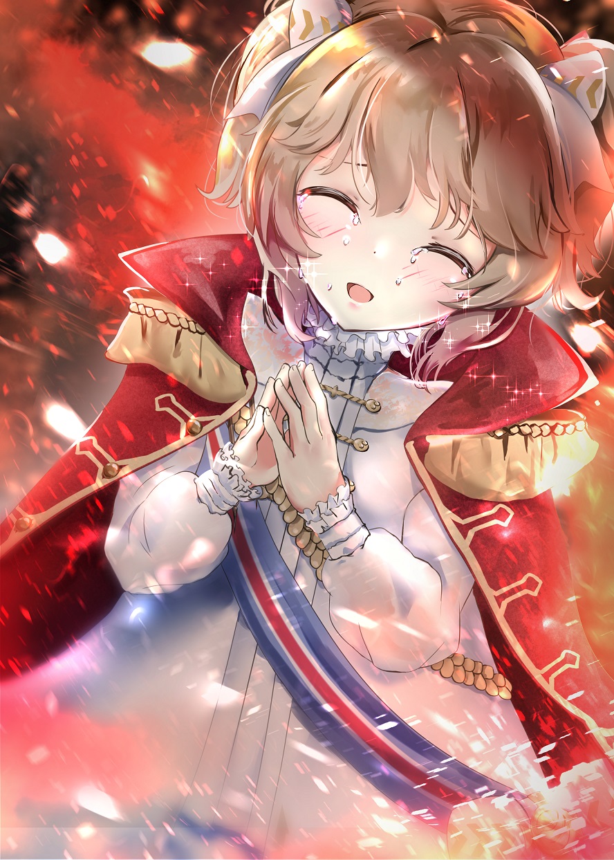 1girl, blush, bow, brocade, brown_hair, cape, cinders, closed_eyes