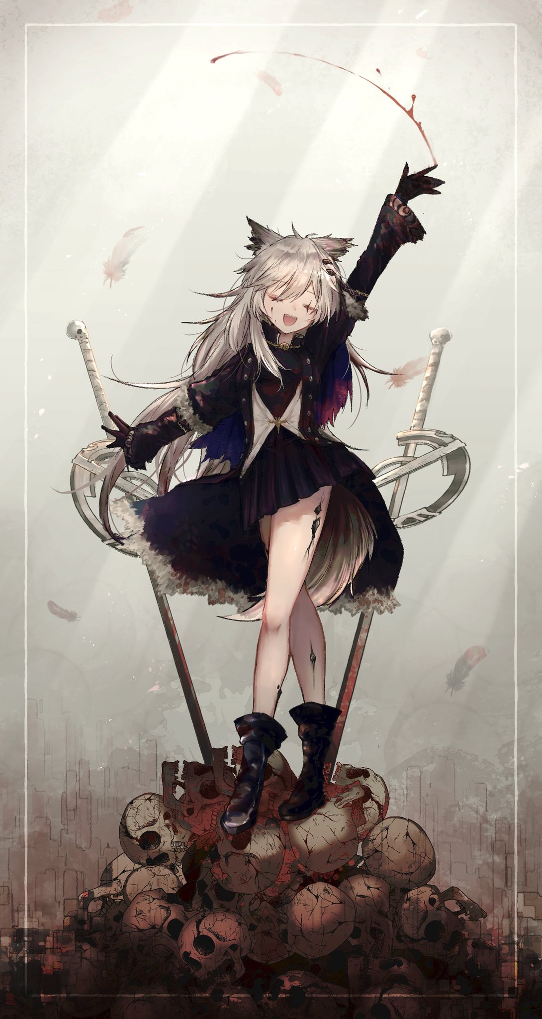 1girl, animal_ears, arknights, arm_up, black_footwear, black_gloves, black_jacket, blood