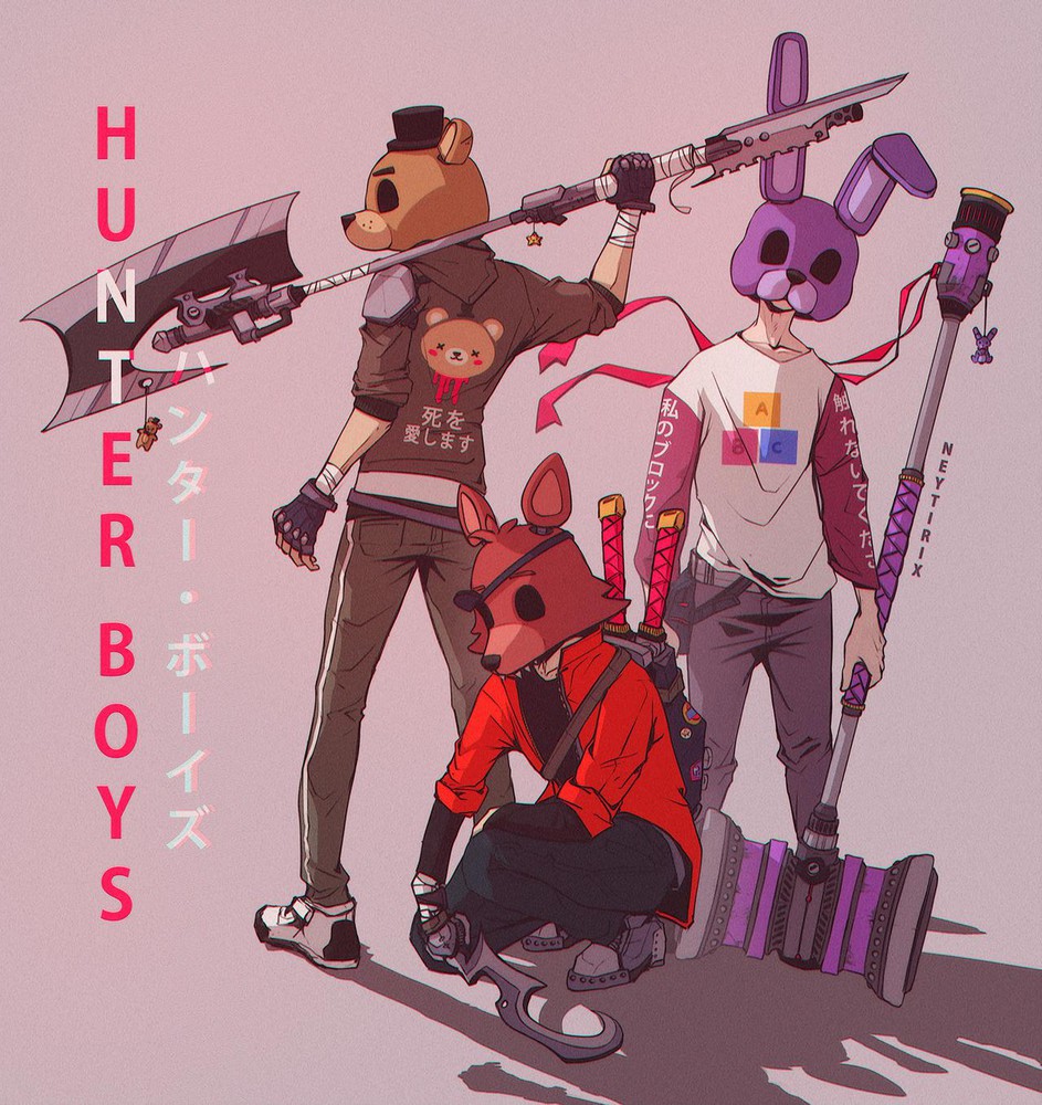 3boys, axe, bear_mask, bonnie_(fnaf), bunny_mask, eyepatch, five_nights_at_freddy's, fox_mask