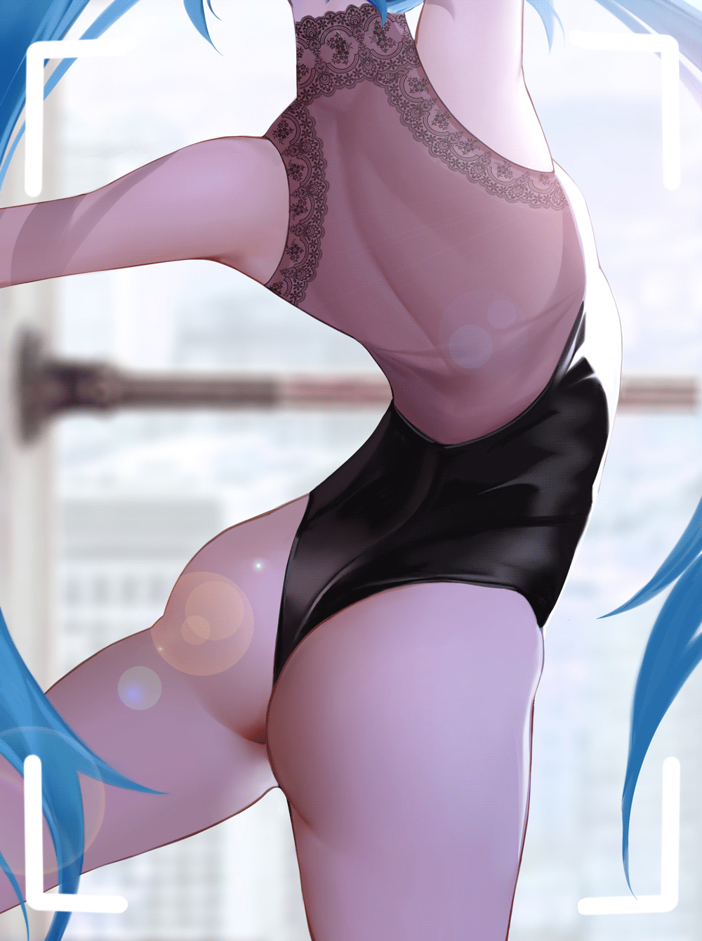 1girl, alternate_costume, arched_back, arms_up, ass, back, backlighting, black_leotard