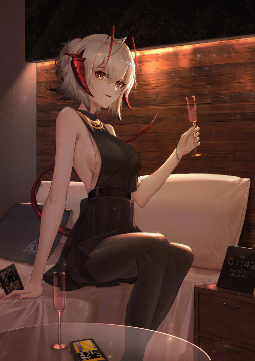 1girl, absurdres, ahoge, alternate_eye_color, areaaaron, arknights, bangs, bare_arms, bare_shoulders, bed, belt, black_belt, black_dress, black_legwear, breasts, champagne_flute, commentary, cup, dress, drinking_glass, feet_out_of_frame, hair_between_eyes, hand_up, headhunting_permit_(arknights), highres, holding, horns, huge_filesize, indoors, looking_at_viewer, nail_polish, pantyhose, pillow, pink_nails, short_dress, short_hair, sideboob, silver_hair, sitting, sleeveless, sleeveless_dress, smile, solo, thighband_pantyhose, thighs, w_(arknights), yellow_eyes