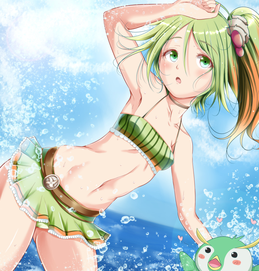 1girl, :o, ahoge, armpits, bangs, bare_shoulders, belt, bikini