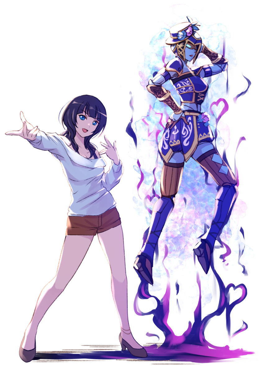1girl, asaka_karin, full_body, hat, helmet, high_heels, highres, jojo_no_kimyou_na_bouken, jojo_pose, love_live!, love_live!_school_idol_festival_all_stars, off-shoulder_shirt, off_shoulder, perfect_dream_project, pose, shamakho, shirt, short_shorts, shorts, simple_background, stand_(jojo), starlight_(love_live!), white_background