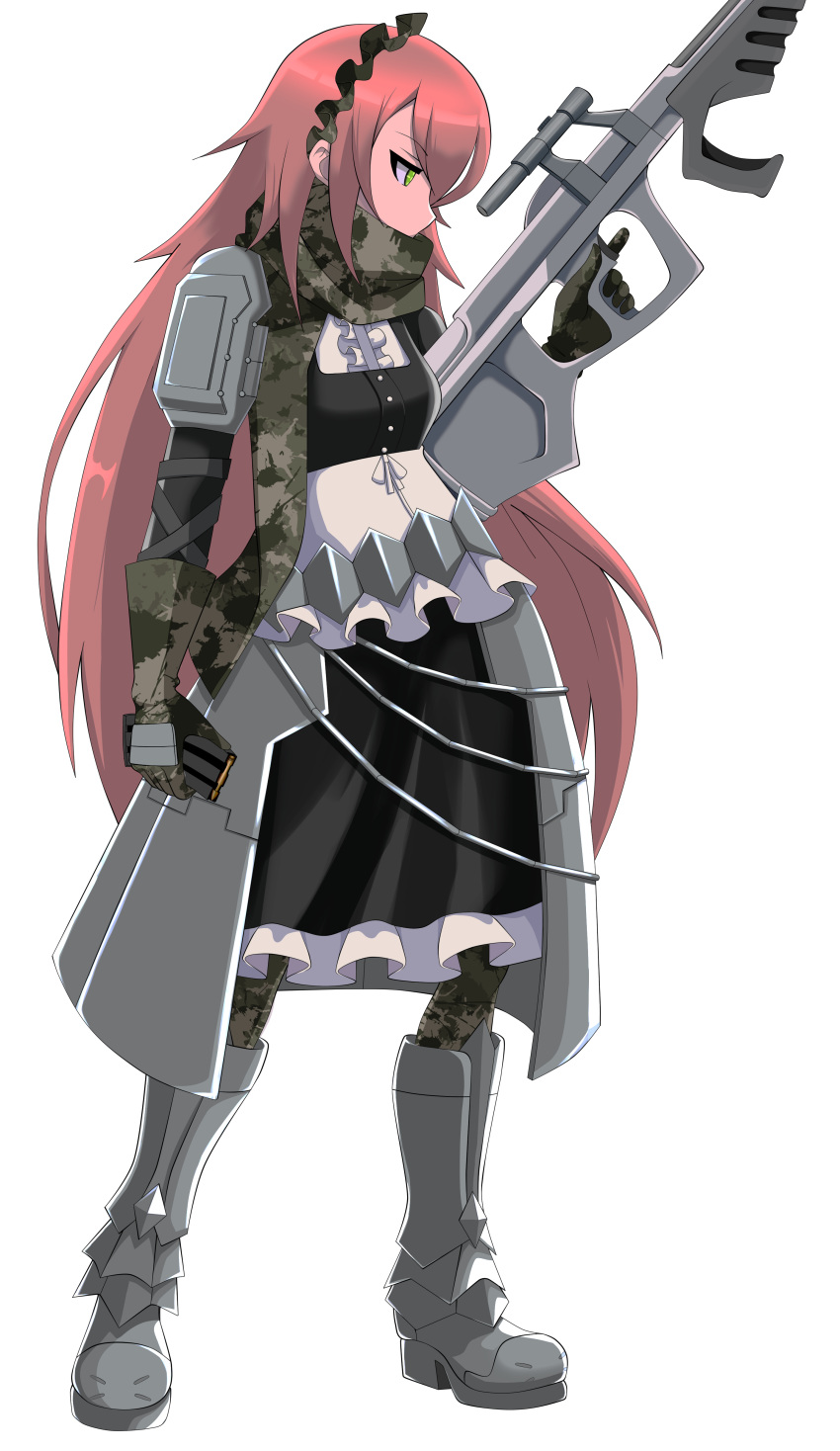1girl, absurdres, apron, armor, armored_boots, armored_dress, boots, camouflage