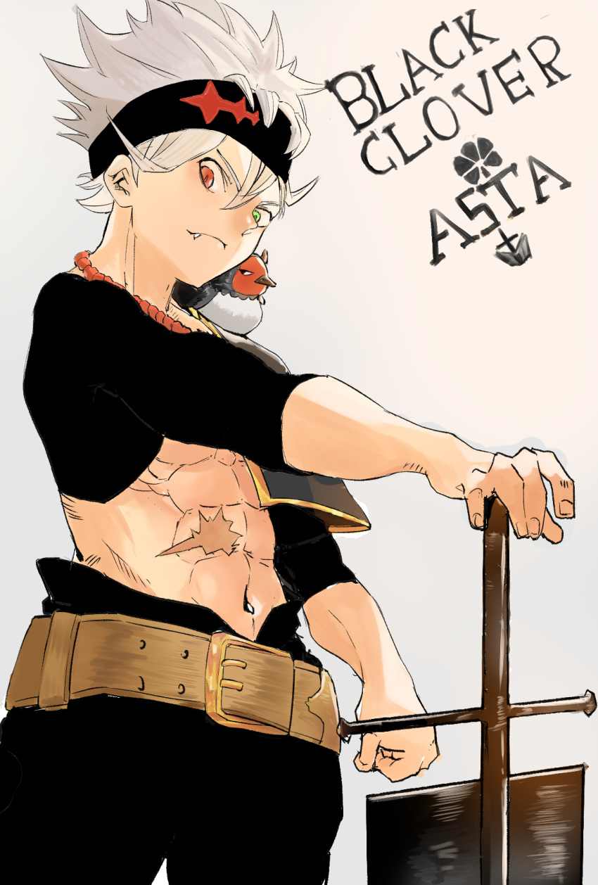 1boy, animal_on_shoulder, asta_(black_clover), belt, bird, bird_on_shoulder, black_clover, black_headband