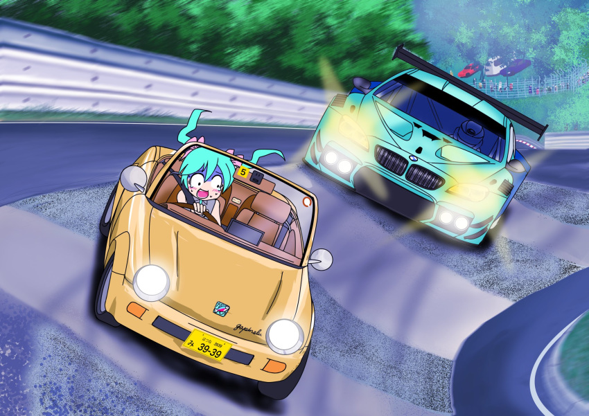 39, bare_shoulders, blush, commentary, crowd, crying, crying_with_eyes_open, driving, gapinelu, grey_shirt, hair_ribbon, hatsune_miku, headlight, highres, long_hair, nurburgring, open_mouth, outdoors, racecar, racetrack, ribbon, scared, seatbelt, shirt, sleeveless, sleeveless_shirt, spoiler_(automobile), sweat, tears, turn_pale, twintails, vocaloid, wide-eyed