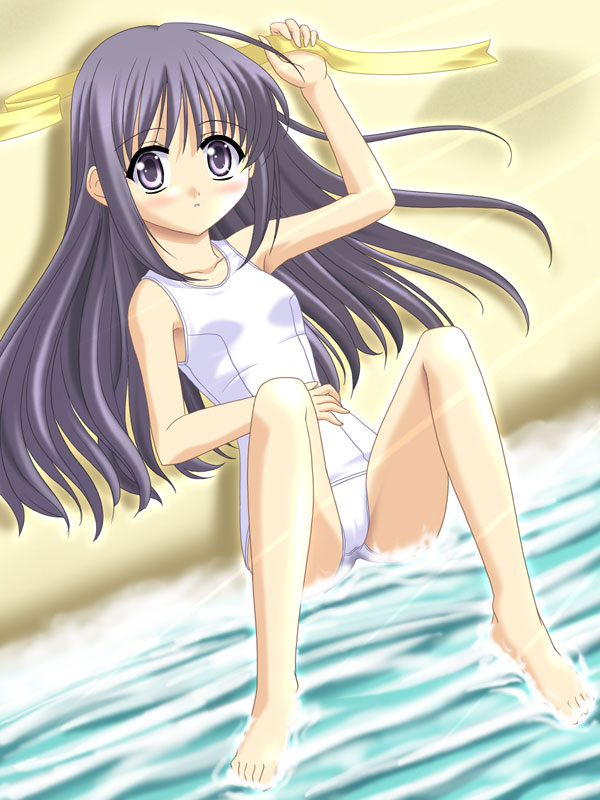 loli, long_hair, lying, marie_(sister_princess), masakichi_(crossroad), one-piece_swimsuit, sand, school_swimsuit, sister_princess, swimsuit, water, white_school_swimsuit, white_swimsuit