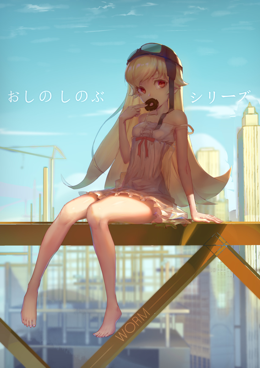 1girl, absurdres, arm_support, bakemonogatari, bare_arms, bare_legs, bare_shoulders, barefoot