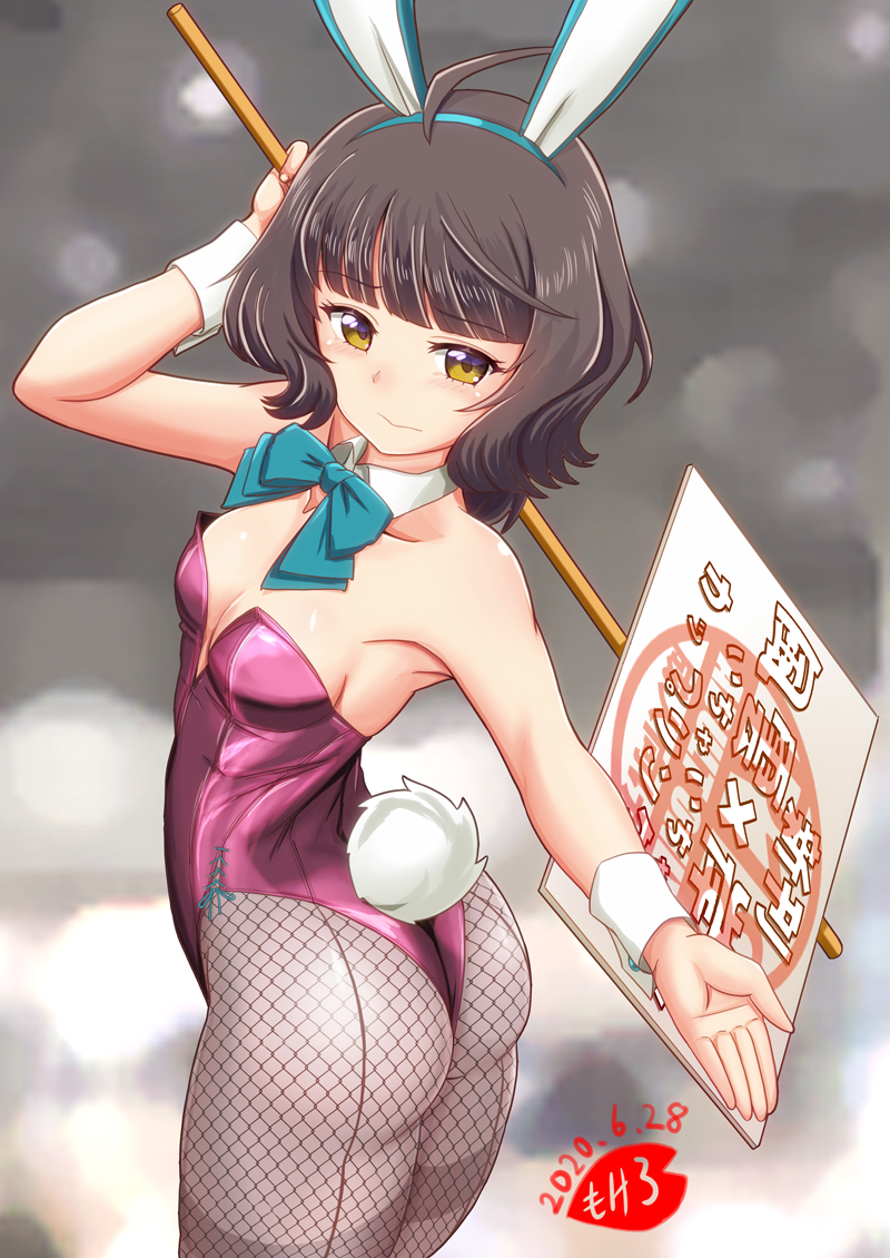 1girl, adapted_costume, ahoge, alternate_costume, animal_ears, artist_logo, ass, back-seamed_legwear