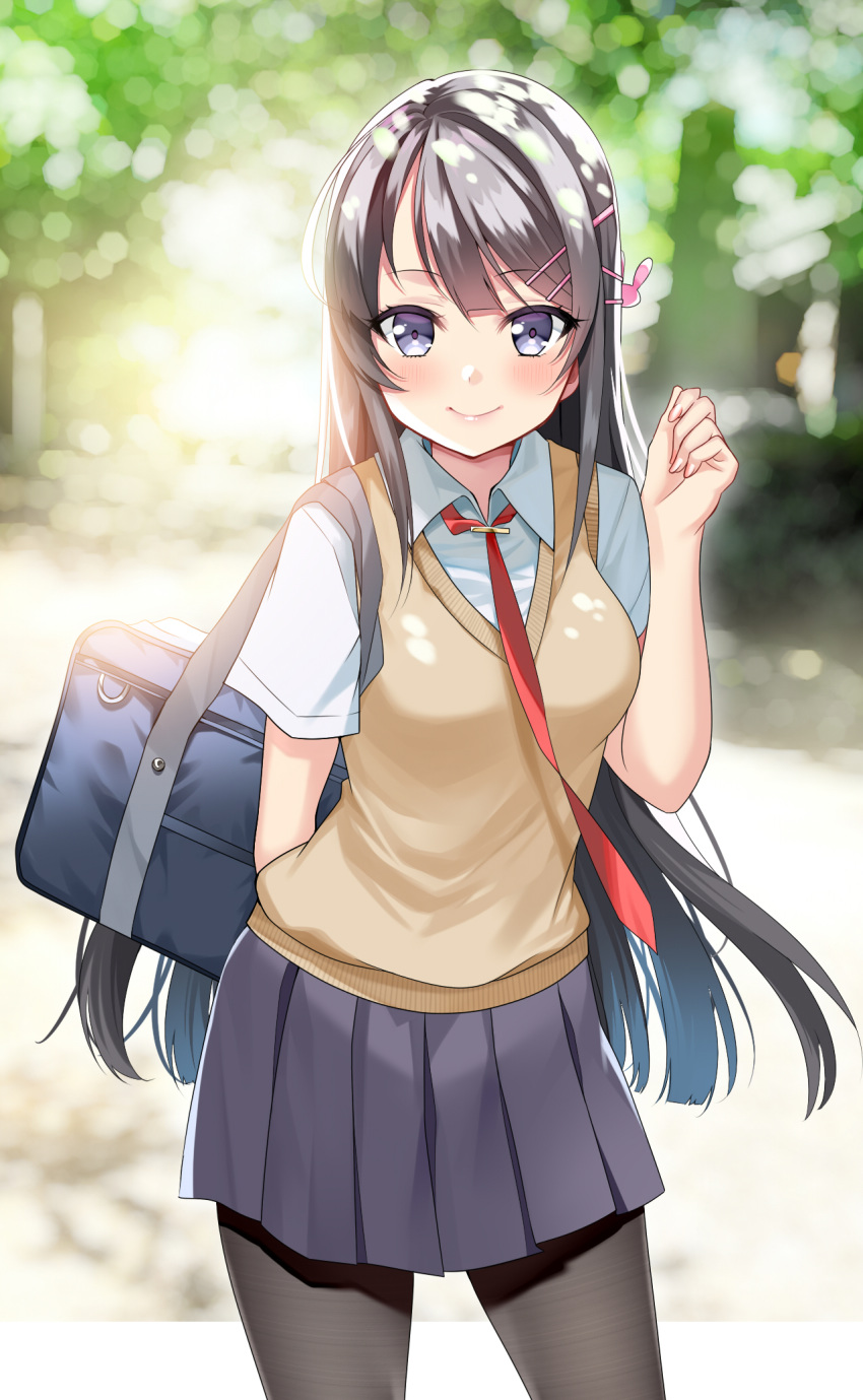 1girl, arm_behind_back, bag, bangs, black_hair, black_legwear, black_skirt, blue_eyes