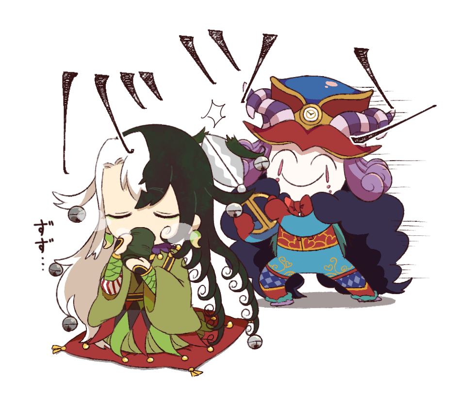 2boys, ^_^, ^v^, argyle, argyle_legwear, ashiya_douman_(fate/grand_order), asymmetrical_clothes, bell