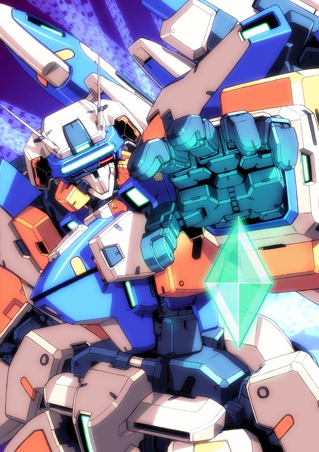 dennou_senki_virtual-on, gem, looking_at_viewer, magaki_ryouta, mecha, no_humans, open_hand, reaching_out, robot, solo, temjin_(virtual-on), twisted_torso, virtual_on, visor