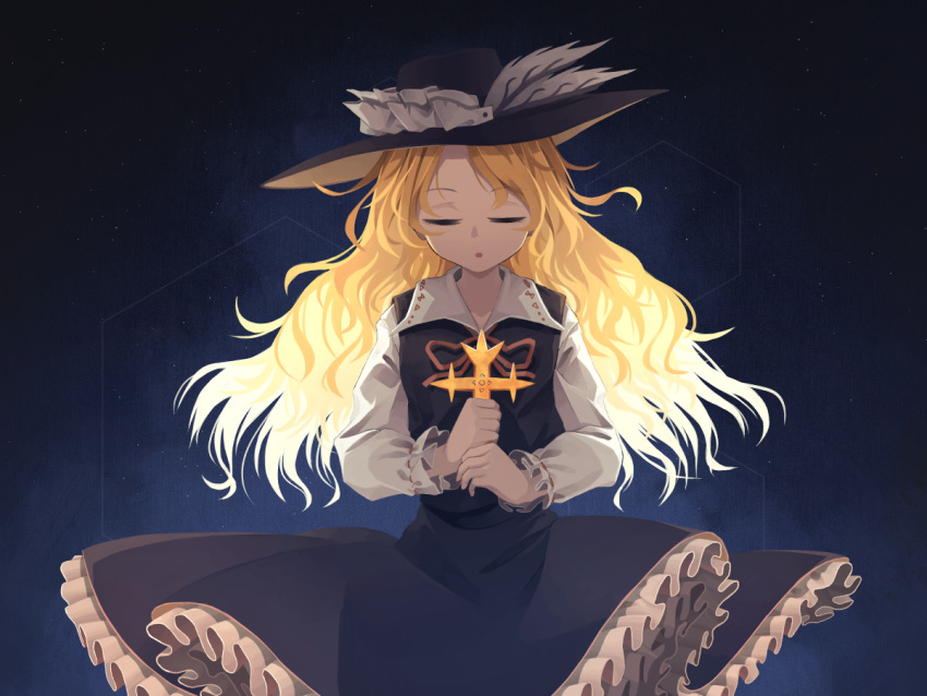 1girl, :o, akaiha_(akaihasugk), black_background, black_dress, black_headwear, blonde_hair, closed_eyes, cowboy_shot, cross, dolls_in_pseudo_paradise, dress, facing_viewer, frills, hat, holding_cross, jacket_girl_(dipp), long_hair, long_sleeves, open_mouth, shirt, skirt, solo, touhou, wavy_hair, white_shirt