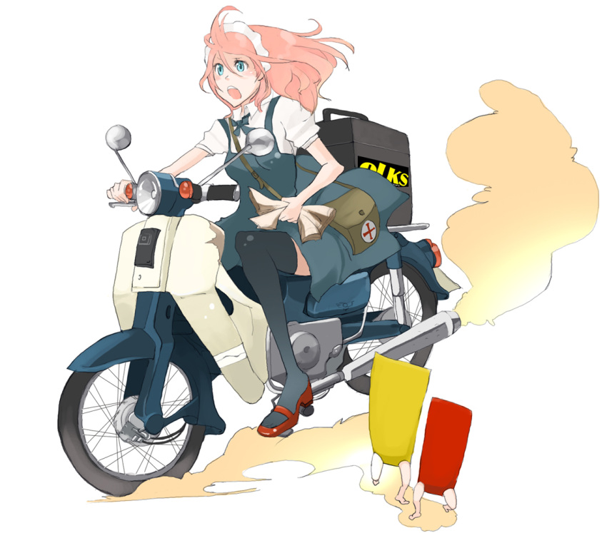 honda_cub, long_hair, maid, motor_vehicle, motorcycle, original, pink_hair, simple_background